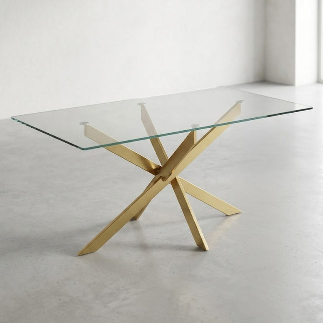 Mesa de Comedor de Diseño Contemporáneo - Cristal y Dorado 160x90x75 Alta calidad