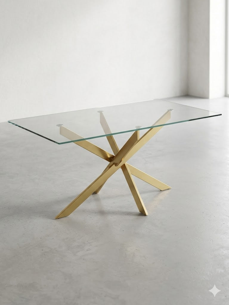 Mesa de Comedor de Diseño Contemporáneo - Cristal y Dorado 160x90x75 Alta calidad
