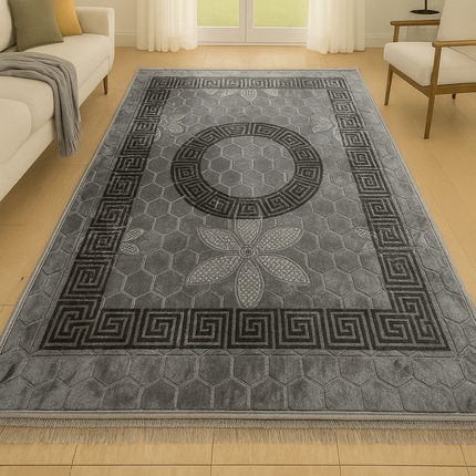 Tapete clássico cinzento com rebordo preto, de inspiração oriental – estilo árabe.