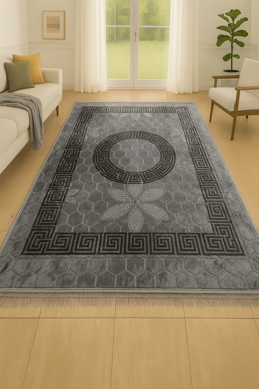 Alfombra Clásica Gris con Cenefa Negra de Inspiración Oriental – Estilo Árabe