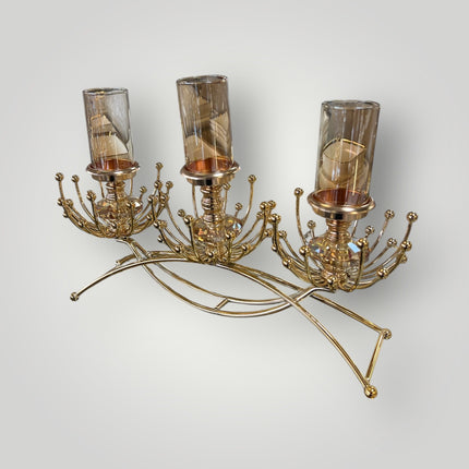 Candelabro Dorado de Cristal para 3 Velas – Centro de Mesa Elegante