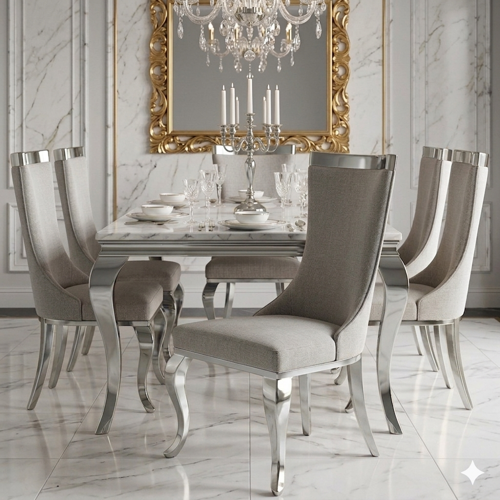 ✨ Silla MODELO NEFERTARI tapizada gris con acabado plateado– Elegancia moderna para tu hogar ✨