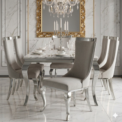 ✨ Silla MODELO NEFERTARI tapizada gris con acabado plateado– Elegancia moderna para tu hogar ✨