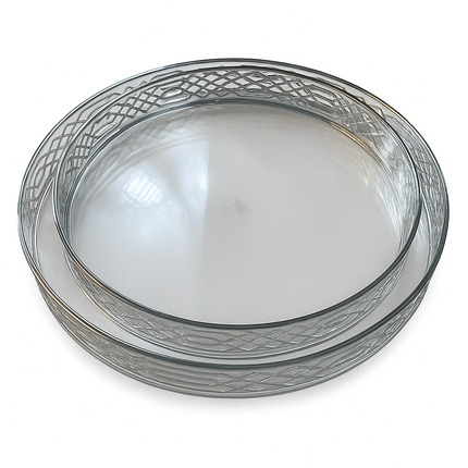 ✅ Conjunto de 2 tabuleiros redondos em plástico prateado em estilo árabe — 33 cm e 28 cm 🕌✨