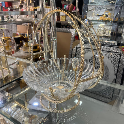 Frutero de Cristal con Asa Dorada y Detalles Decorativos – 28 cm