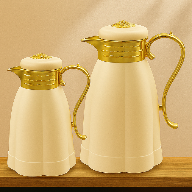 Conjunto de 2 garrafas térmicas isoladas com corpo de alta qualidade (0,6L + 1L) na cor bege.