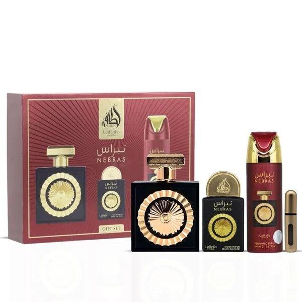 🎁 Set de Regalo Lattafa Nebras – Agua de Perfume 100 ml + Spray Perfumado 200 ml + Mini Agua de Perfume 20 ml