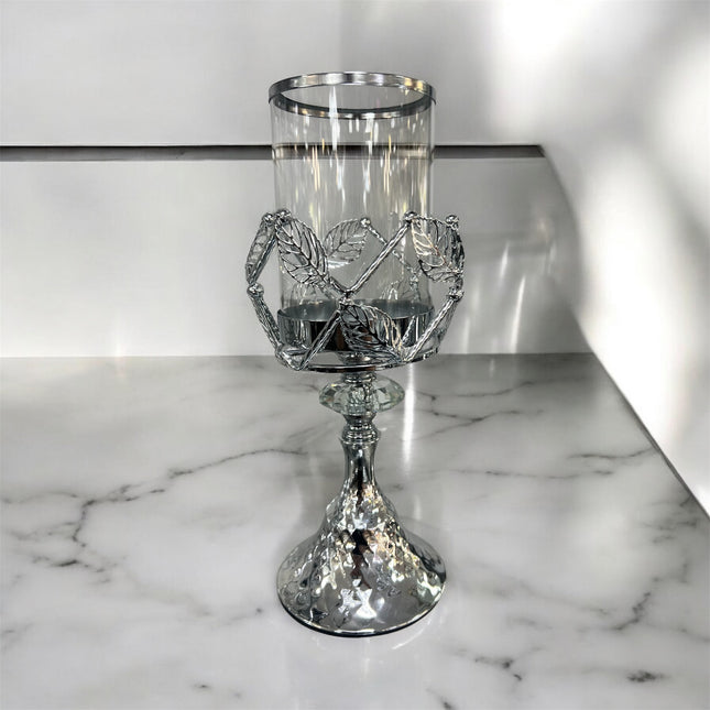 Portavelas de Cristal y Metal Plateado con Diseño de Hojas Elegantes