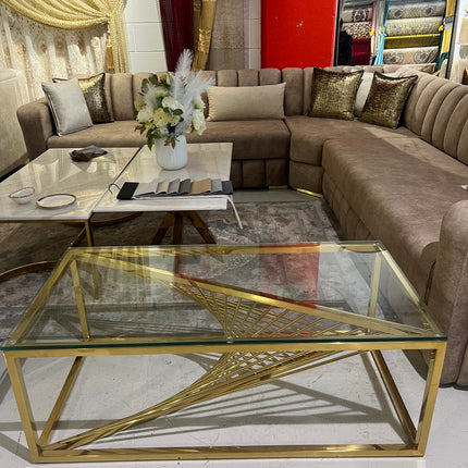 Mesa de centro de cristal y patas acero inoxidable dorado