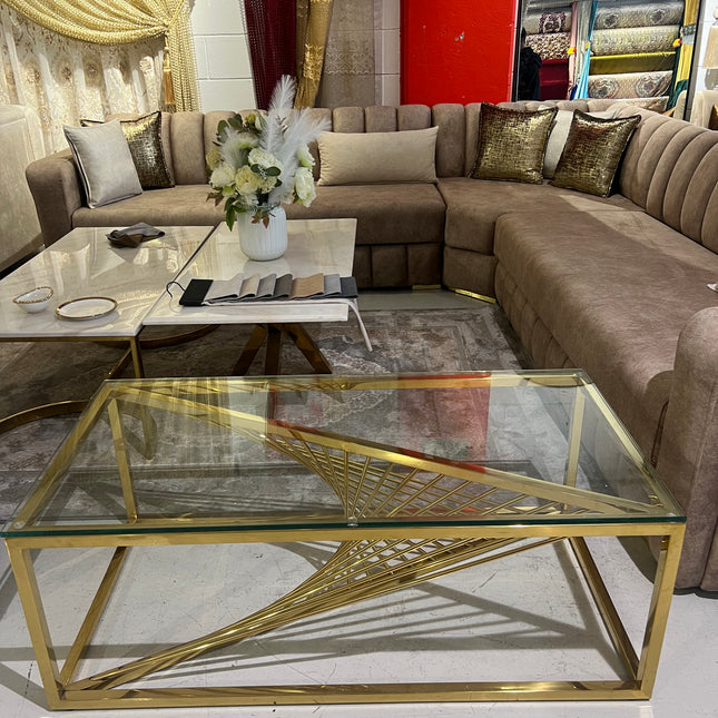 Mesa de centro de cristal y patas acero inoxidable dorado