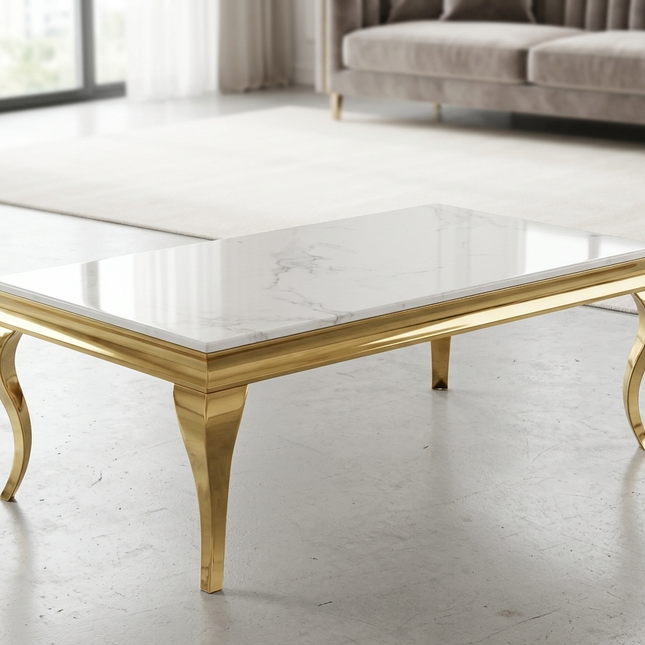 Mesa de centro mármol blanco patas acero inoxidable dorado