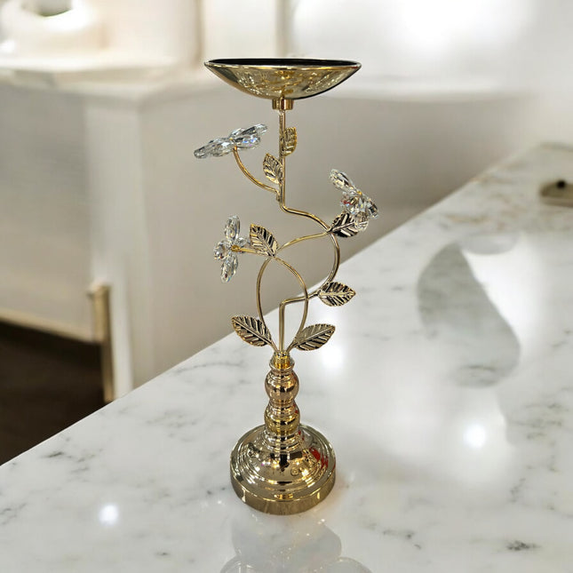 Portavelas de Cristal y Metal Dorado con Flores Decorativas