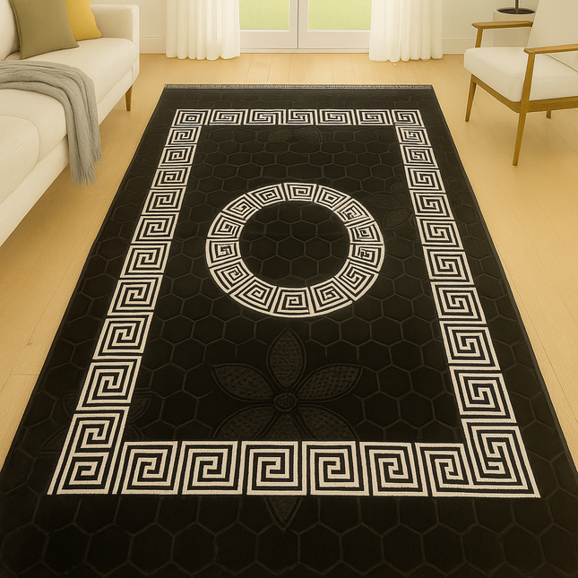 Tapete clássico preto com rebordo branco, de inspiração oriental – estilo árabe.