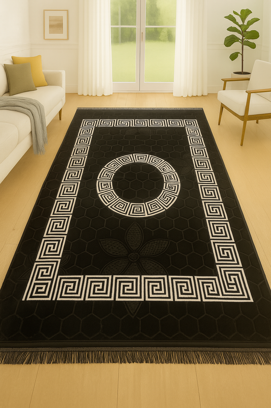 Alfombra Clásica Negra con Cenefa Blanca de Inspiración Oriental – Estilo Árabe