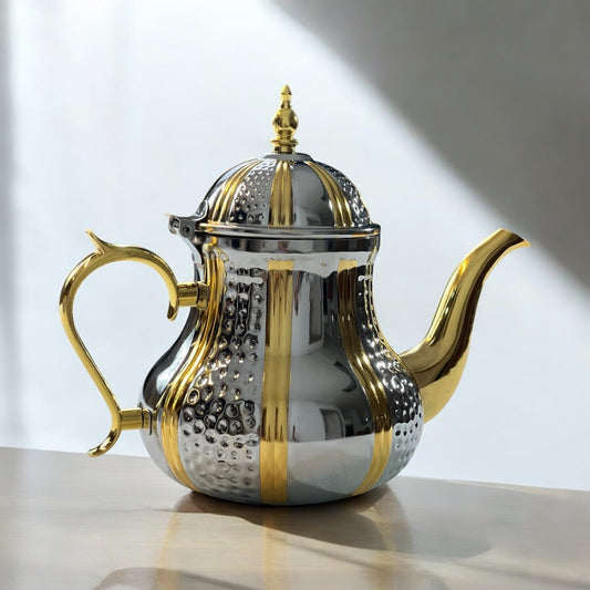 🫖 Tetera Árabe Clásica de Acero Inoxidable con Detalles Dorados – Elegancia y Tradición