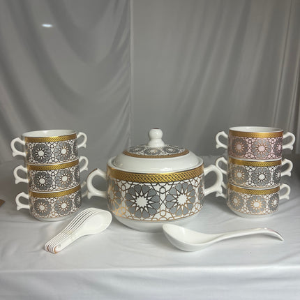 Juego de Sopa Oriental  – 2,7L-Tazón Grande con 6 Bowls, Platos y Cucharas (Diseño Tradicional Asiático)