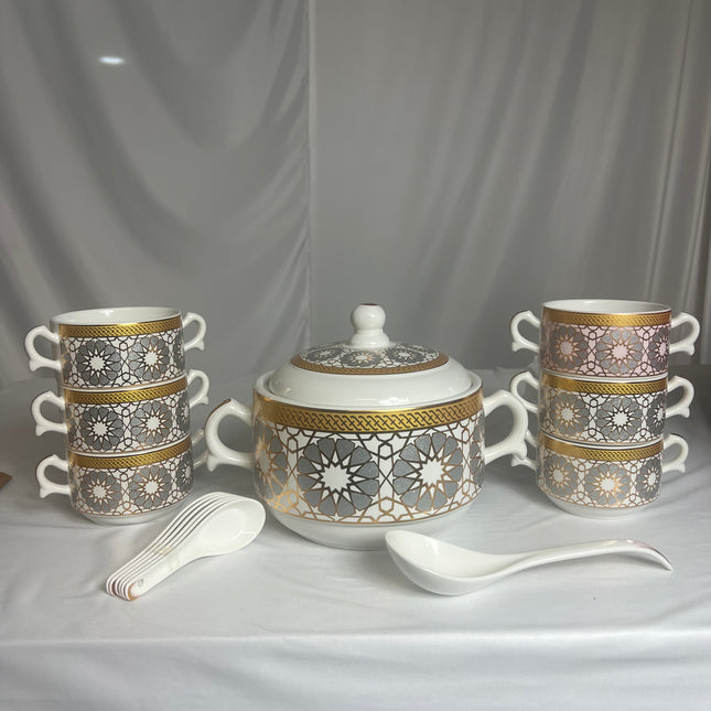 Juego de Sopa Oriental  – 2,7L-Tazón Grande con 6 Bowls, Platos y Cucharas (Diseño Tradicional Asiático)