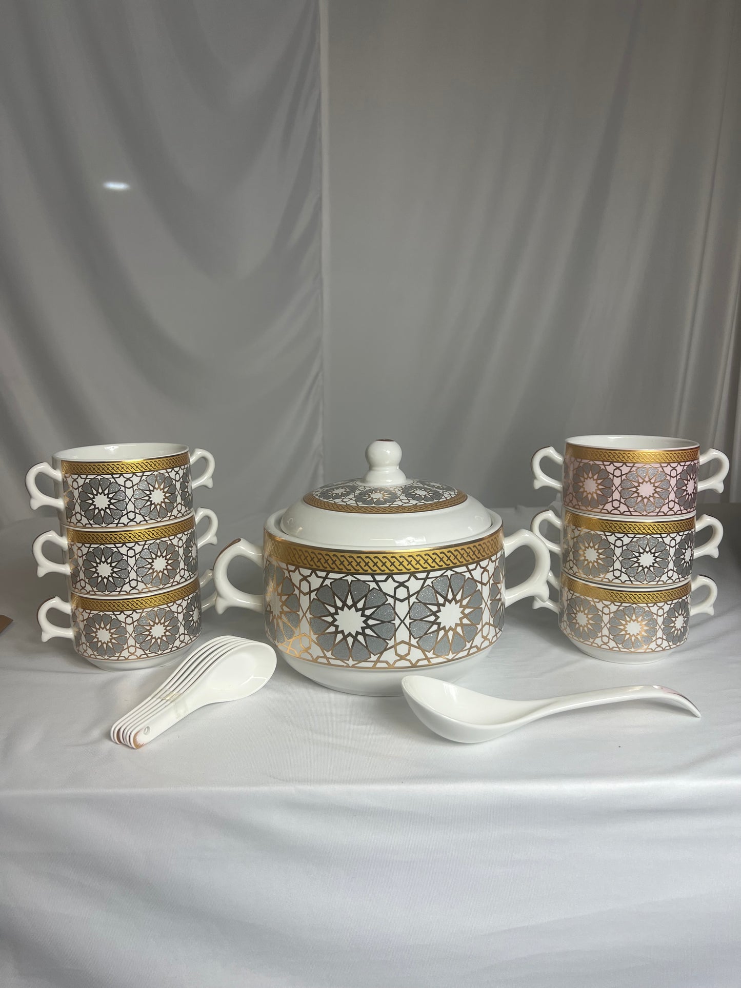 Juego de Sopa Oriental  – Tazón Grande con 6 Bowls, Platos y Cucharas (Diseño Tradicional Asiático)