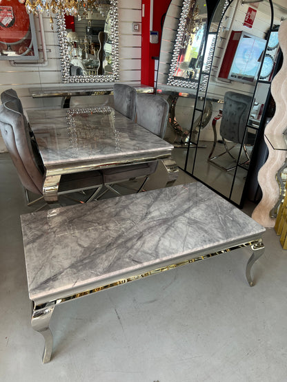 Mesa de Centro Premium de Mármol Gris y Acero Inoxidable Plateado – 130 × 70 × 45 cm