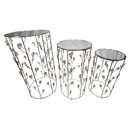 ✨ Set de 3 Mesas Decorativas de Lujo – Dorado con Cristales y Superficie de Espejo 🪞