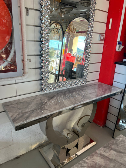 Mesa de Entrada de Mármol Gris y Acero Plateado – Consola 160 × 45 × 85 cm