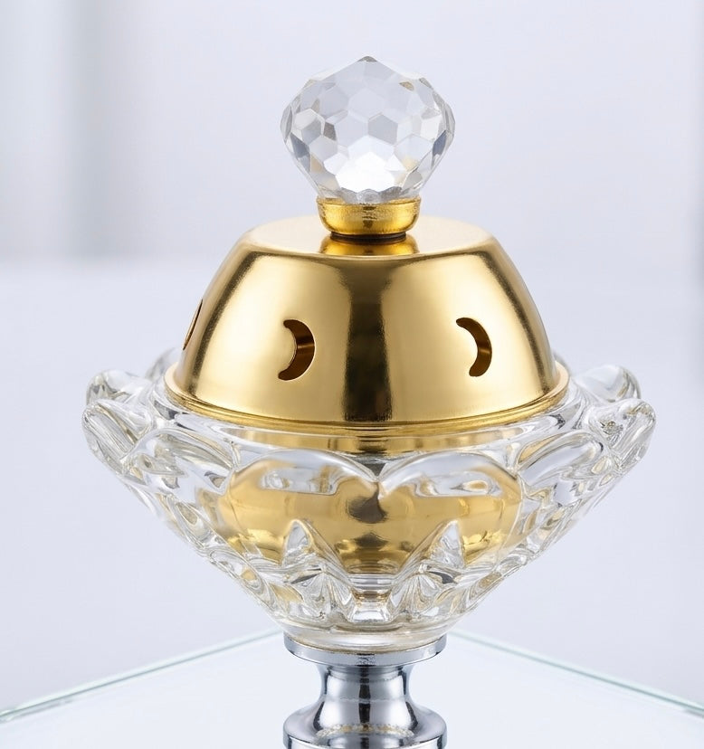 ✨ Queimador de incenso decorativo de vidro com pormenores dourados – Elegância oriental e aroma para o seu lar ✨