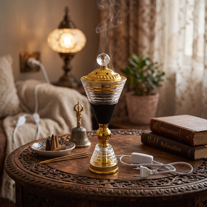 Queimador de incenso elétrico dourado e preto — Design em cristal com detalhes luxuosos