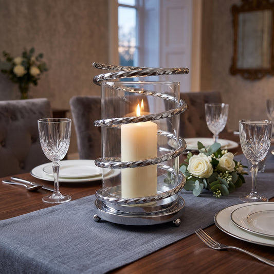 🕯️ Portavelas Espiral plateado – Diseño Moderno con Cilindro Transparente