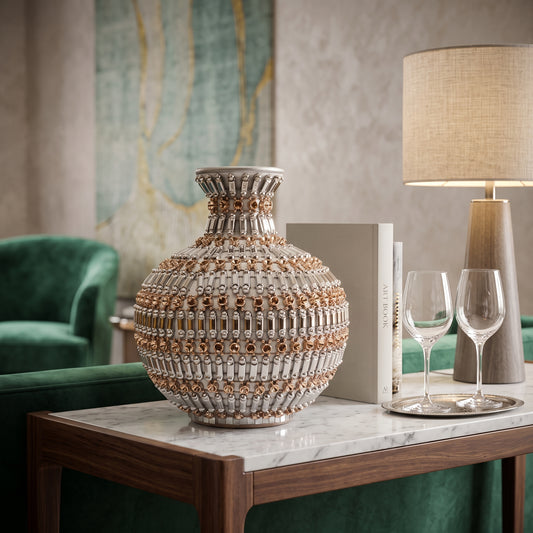 🏺 Vaso decorativo prateado com detalhes dourados – 22 cm