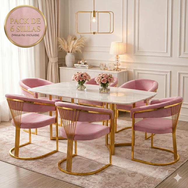 Pack de 6 Sillas de Comedor Sergio 12 – Terciopelo Rosa y Estructura Dorada Art Déco