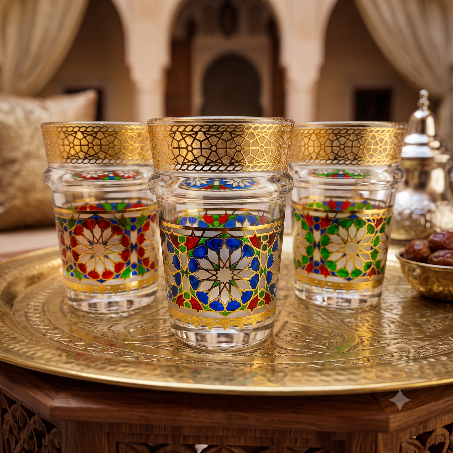 Pack x12 – Vasos de Té Marroquí | Cristal Decorado con Filigrana Dorada estilo Zellige