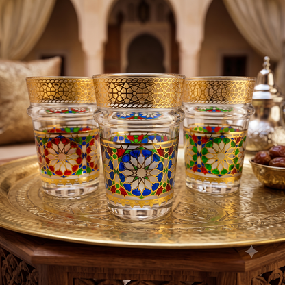 Pack x12 – Vasos de Té Marroquí | Cristal Decorado con Filigrana Dorada estilo Zellige