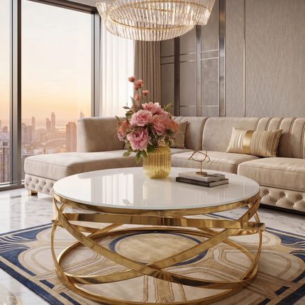 Mesa de centro de cristal blanco y patas acero dorado