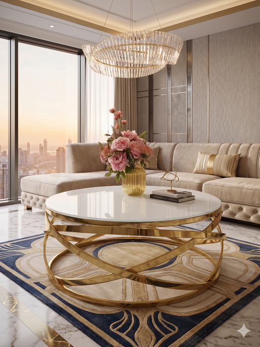 Mesa de centro de cristal blanco y patas acero dorado