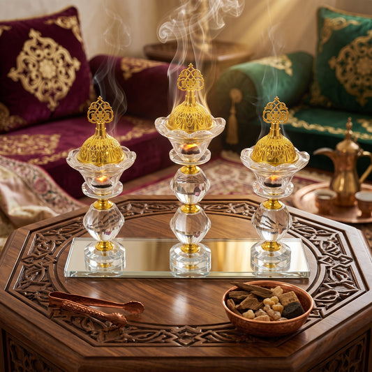 Quemador de Incienso Triple de Cristal con Base de Espejo y Detalles Dorados – Porta Incienso Decorativo Elegante