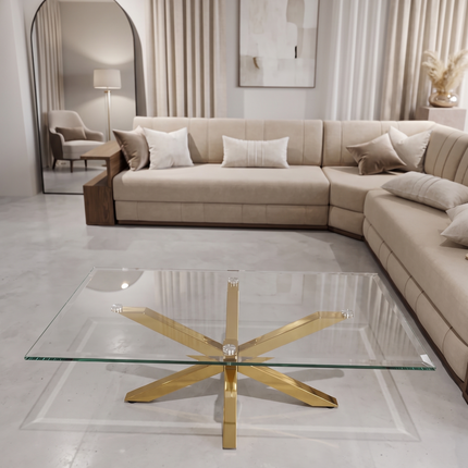 Mesa de centro de cristal y patas acero inoxidable dorado