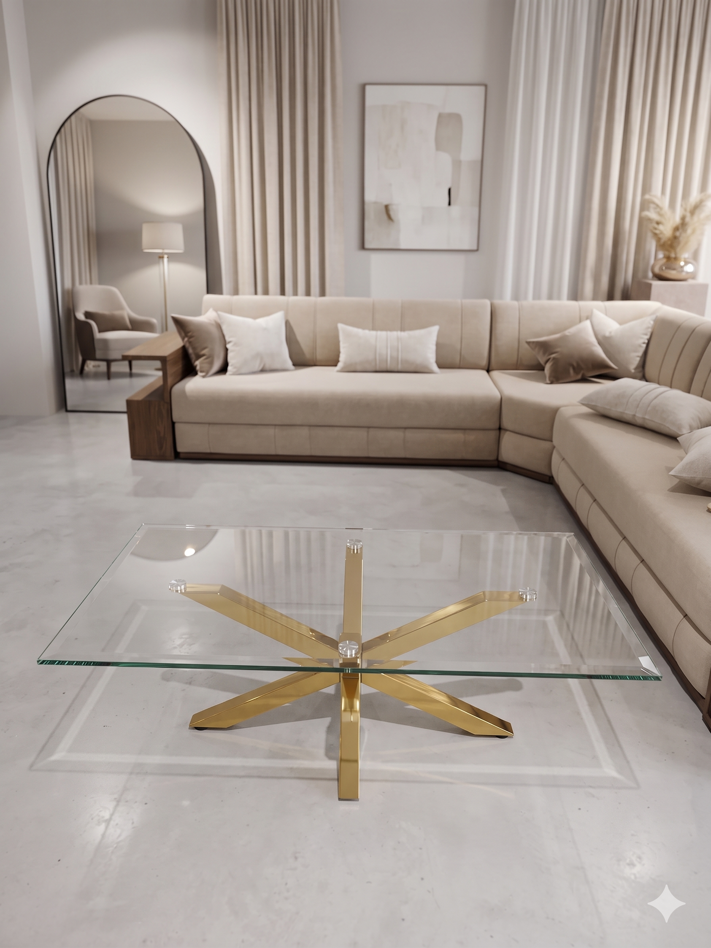 Mesa de centro de cristal y patas acero inoxidable dorado