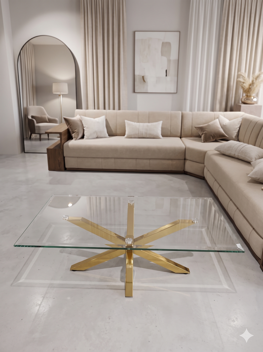 Mesa de centro de cristal y patas acero inoxidable dorado