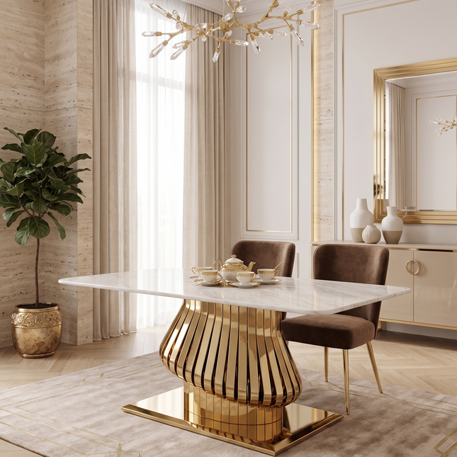 Mesa de Comedor de Diseño Contemporáneo - Mármol y Acero 160x90x75 Alta calidad