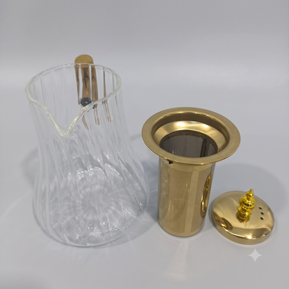 Tetera de Cristal con Infusor y Calentador Dorado