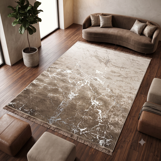Alfombra de Salón Efecto Mármol 160x220 cm – Acabados Dorado o Plateado