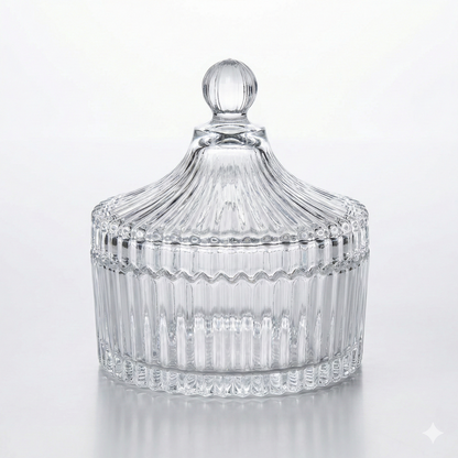 Frasco Decorativo de Cristal con Tapa Tallada – Elegancia para Almacenaje y Decoración