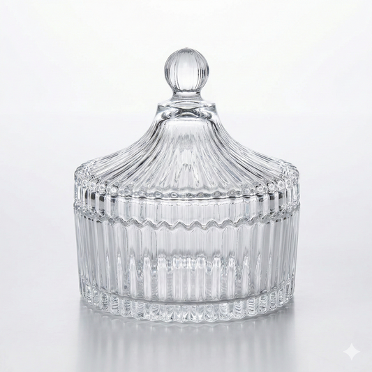 Frasco Decorativo de Cristal con Tapa Tallada – Elegancia para Almacenaje y Decoración