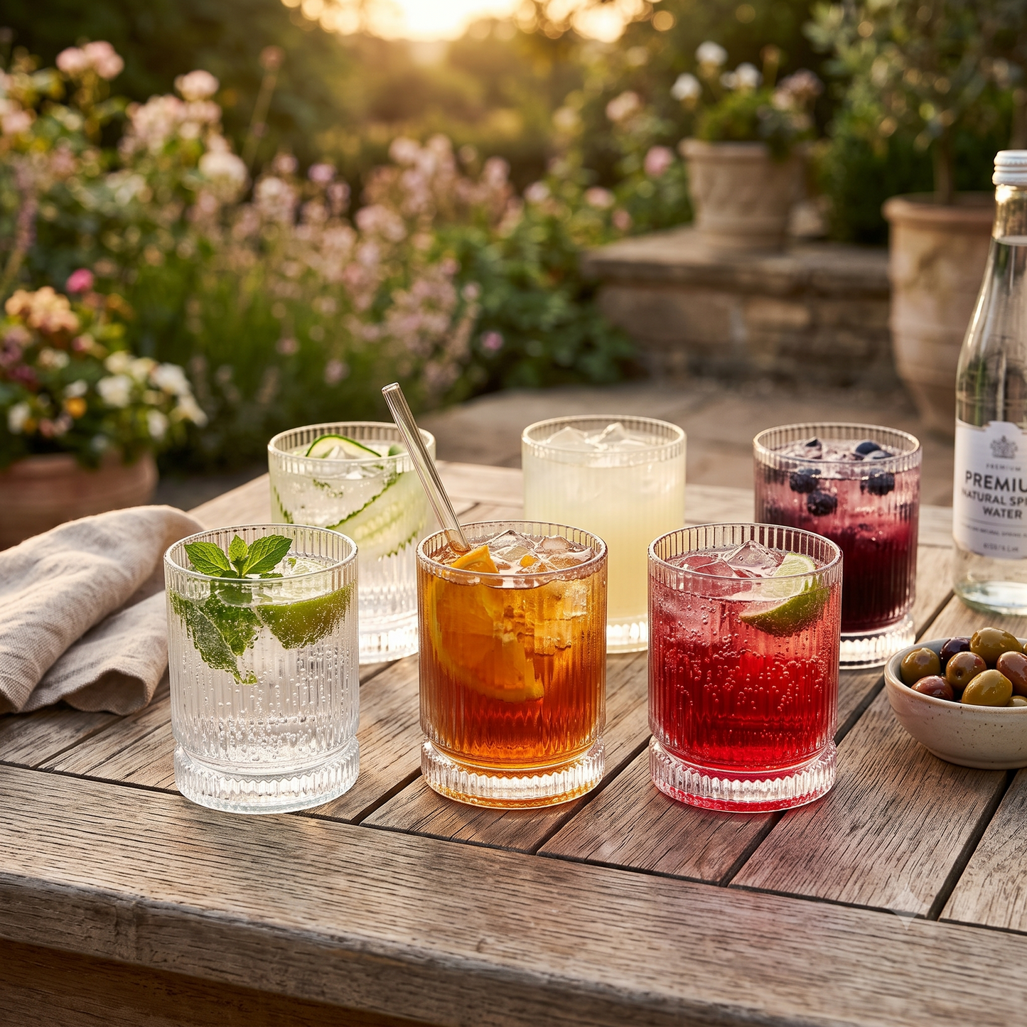 Set de 6 Vasos Bajos de Cristal con Relieve – Elegantes y Resistentes para Bebidas, Refrescos y Zumos