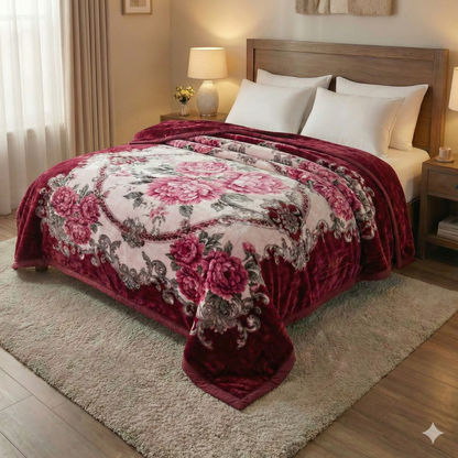 Manta de Felpa Color rojo con flores  - Extra Suave y Cálida para Invierno (200x230 cm, 4,5 kg)