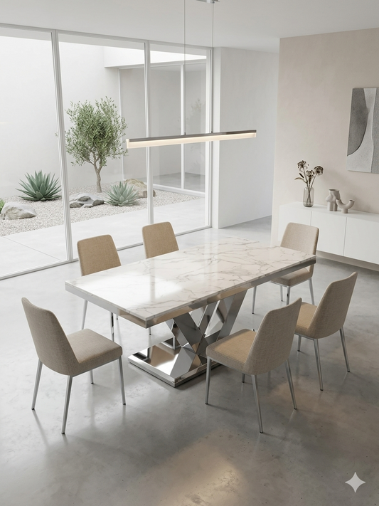 Mesa de Comedor de Diseño Contemporáneo - Mármol y Acero 180x90x75 Alta calidad