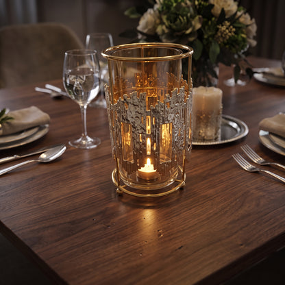Portavelas Decorativo de Cristal Ámbar con Estructura Dorada y Plateada