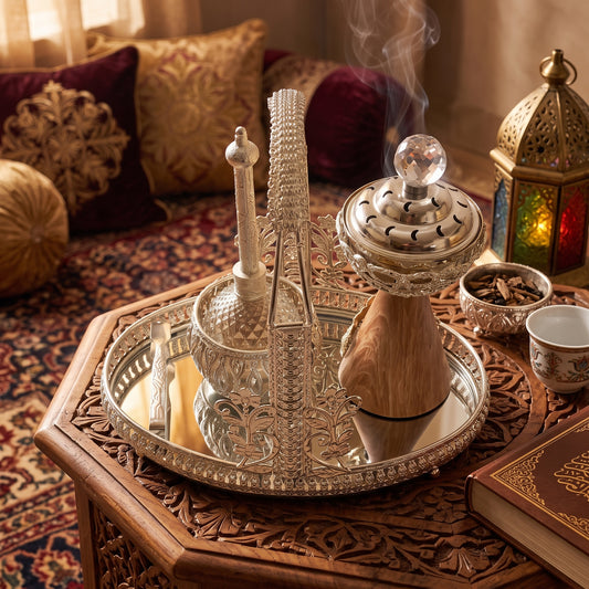 Set Árabe de Incienso y Perfume Plateado — Bandeja Decorativa con Quemador y Frascos