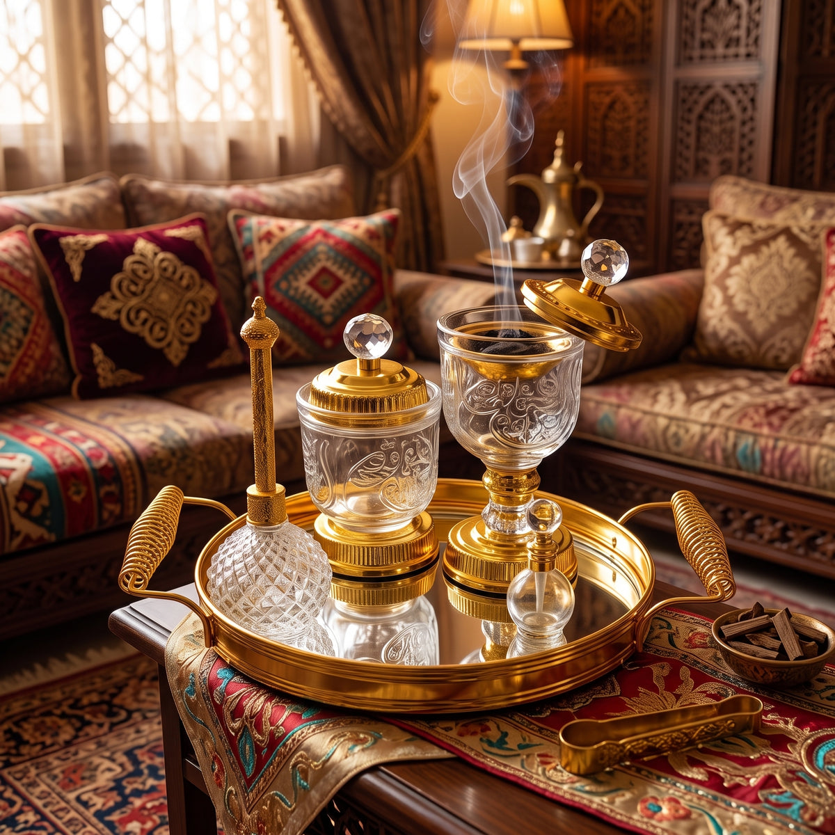 Golden Arabic Crystal Set with Mirrored Tray — Burner and Luxury Decorative Jars