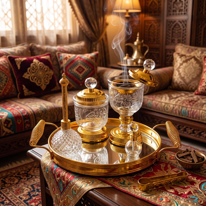 Golden Arabic Crystal Set with Mirrored Tray — Burner and Luxury Decorative Jars